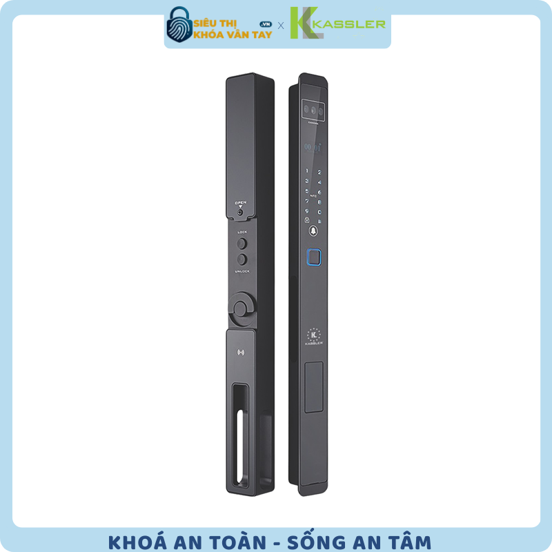 Khóa vân tay Kassler cửa nhôm KL-599 VS tích hợp mở khóa bằng Face ID, vân tay, mật mã và lòng bàn tay