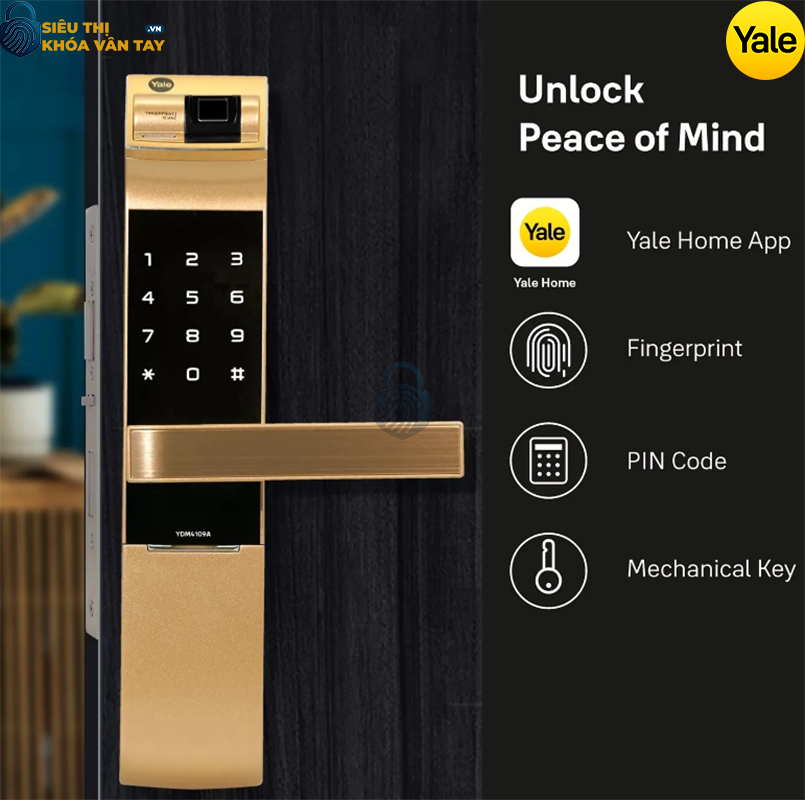 Khóa thông minh Yale YDM4109A GOLD sở hữu thiết kế sang trọng với màu vàng nổi bật, tạo điểm nhấn thẩm mỹ cho ngôi nhà