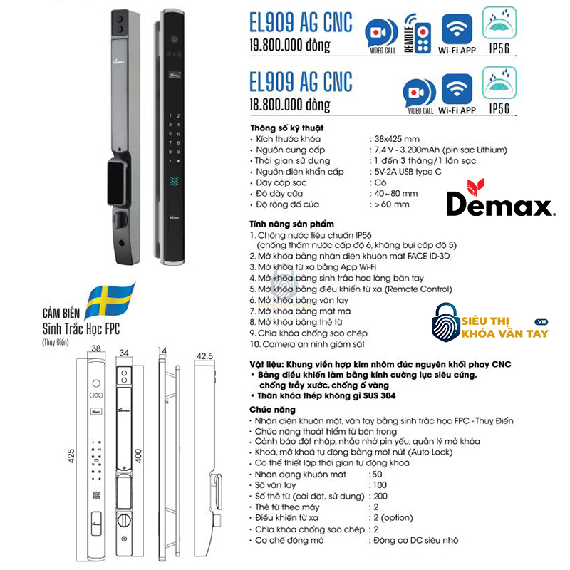Khoá Vân Tay Cửa Nhôm Demax EL909