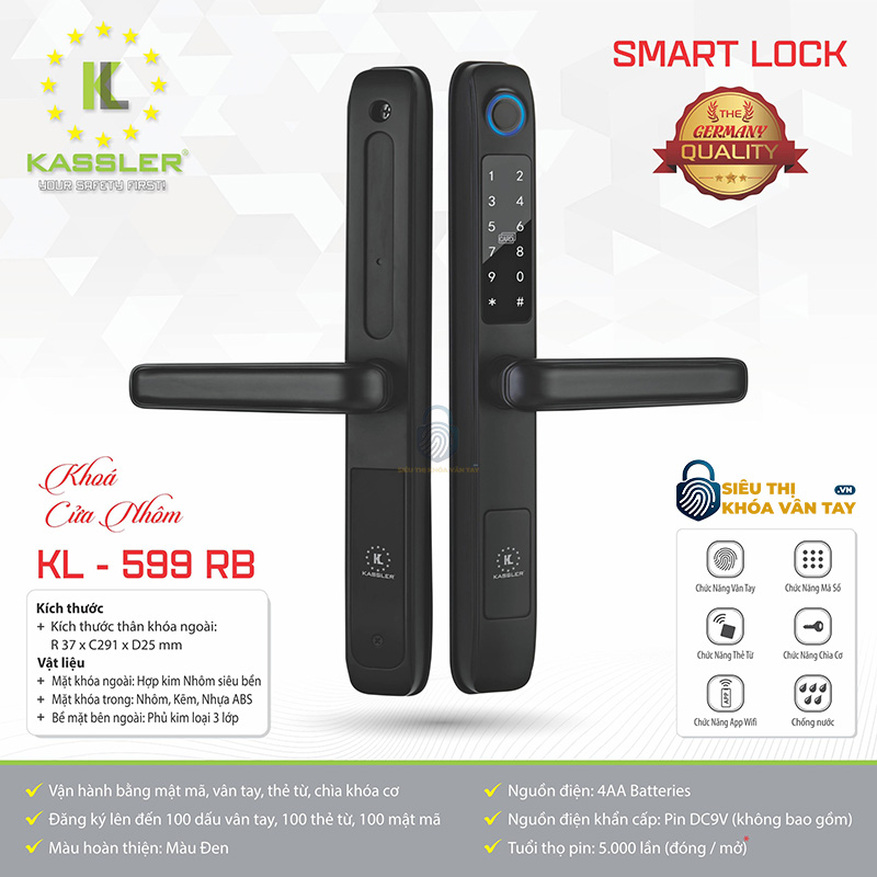 Kassler KL-599 RB tích hợp mở khóa bằng vân tay, mã số, thẻ từ và chìa cơ tiện lợi.
