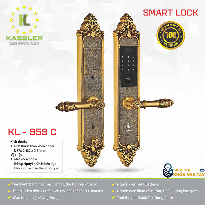 Khóa vân tay Kassler đại sảnh KL-959C là mẫu khóa cao cấp, thiết kế dành riêng cho cửa chính biệt thự và nhà sang