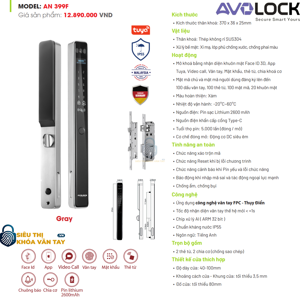 Khóa vân tay Avolock cửa nhôm AN 399F sử dụng công nghệ cảm biến nhanh, nhận diện chính xác từng vân tay