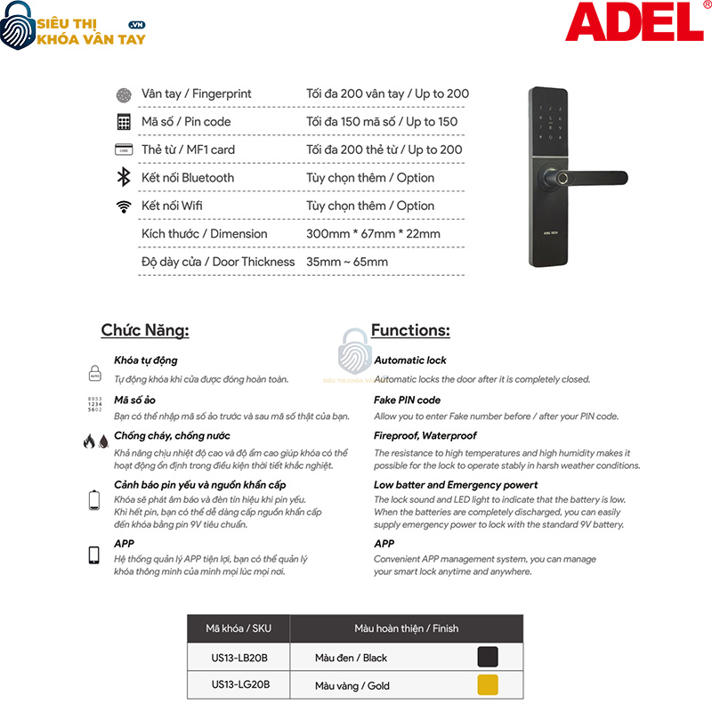 Khoá vân tay cửa gỗ Adel US13 - LB20B