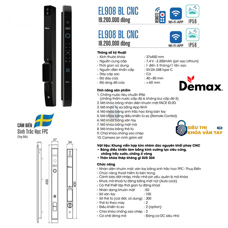 Khoá Vân Tay Cửa Nhôm Demax EL908