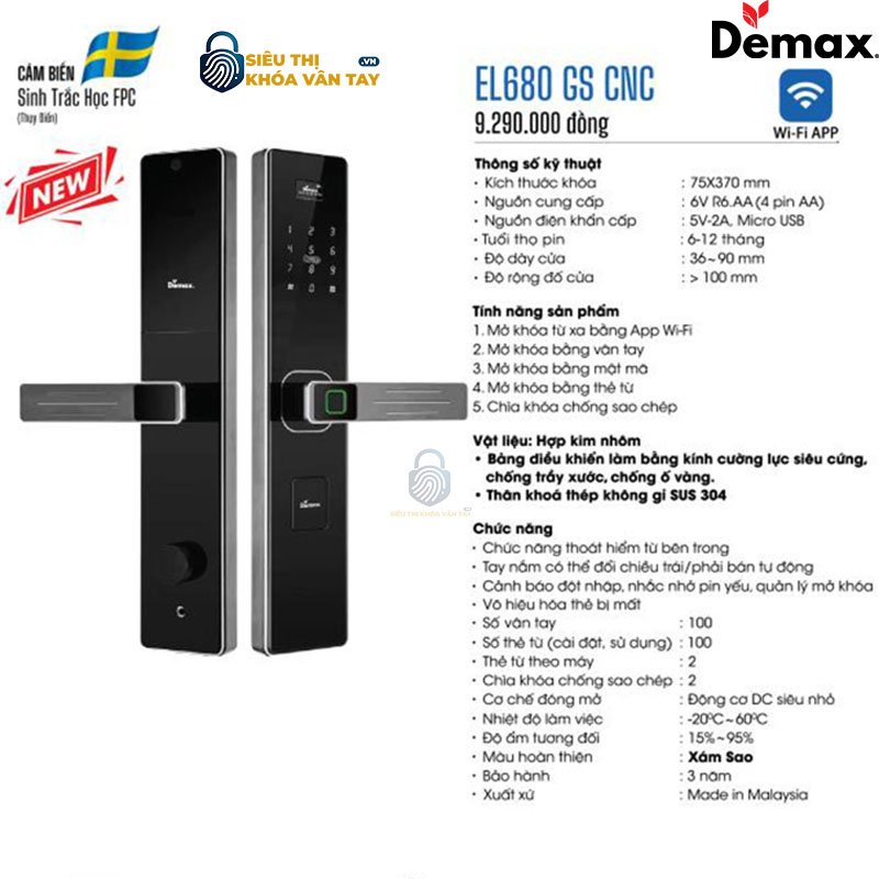 Khoá vân tay cửa gỗ Demax EL680 là dòng khóa thông minh cao cấp, tích hợp công nghệ hiện đại