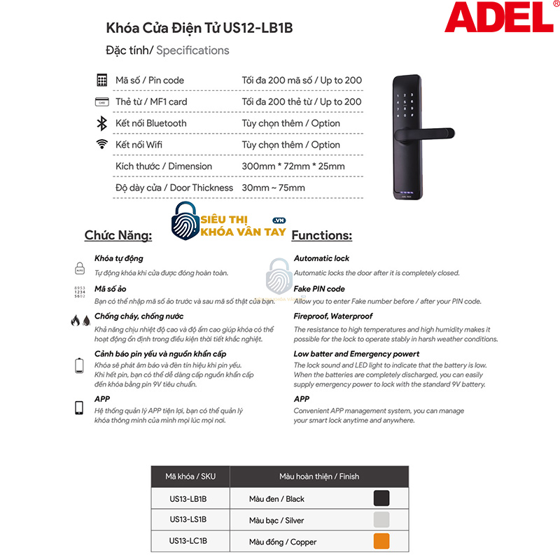 Khoá cửa điện tử Adel US12-LB1B