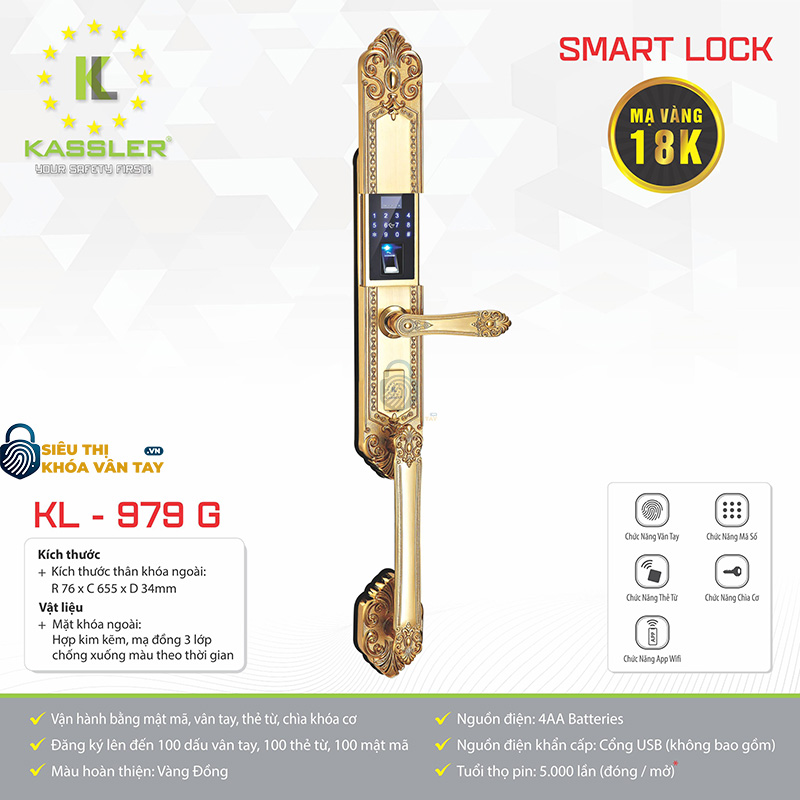 Chất liệu hợp kim đúc nguyên khối phủ lớp chống oxy hóa, kết hợp tính năng tự động khóa và cảnh báo đột nhập thông minh