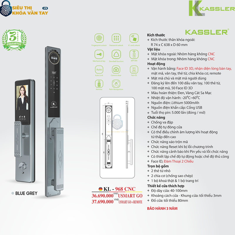 Khóa vân tay Kassler cửa gỗ KL-968 CNC Blue Gray mang đến vẻ đẹp hiện đại và độc đáo