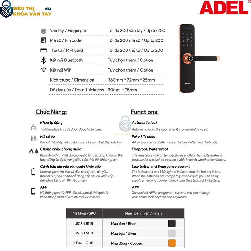 Khóa vân tay Adel cửa gỗ US13 - LB11B/LC11B là lựa chọn hoàn hảo cho những ai yêu thích sự an toàn và tiện nghi