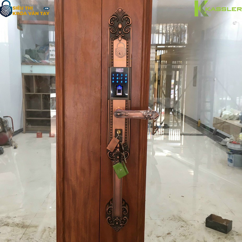 Thiết kế bản lớn, tay cầm chắc chắn, phối màu Rose Gold đẳng cấp – phù hợp với cửa đại sảnh gỗ 2 cánh