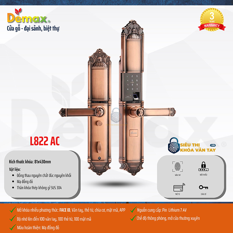 Khoá vân tay đại sảnh Demax EL822 là mẫu khoá thông minh cao cấp dành cho cửa chính biệt thự, villa