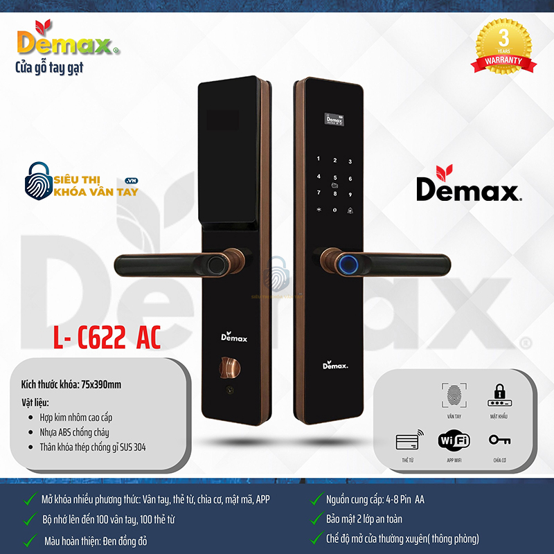Khóa vân tay cửa gỗ Demax EL-C622 sở hữu thiết kế sang trọng, phù hợp với nhiều không gian nội thất