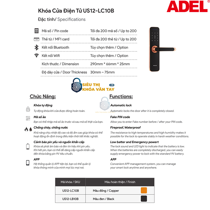 Khóa cửa điện tử Adel US12-LC10B/LB10B là dòng khóa thông minh thế hệ mới mang đến sự an toàn và tiện nghi cho ngôi nhà bạn