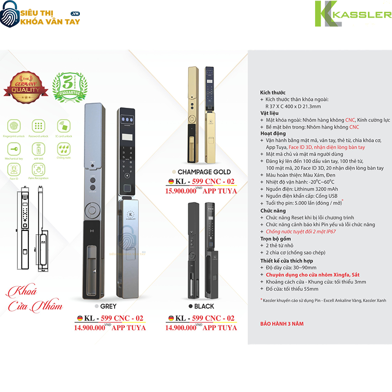 Khóa vân tay Kassler cửa nhôm KL‑599 CNC‑02 tích hợp mở khóa bằng Face ID 3D, nhận diện lòng bàn tay, vân tay, mật mã, thẻ từ và chìa cơ
