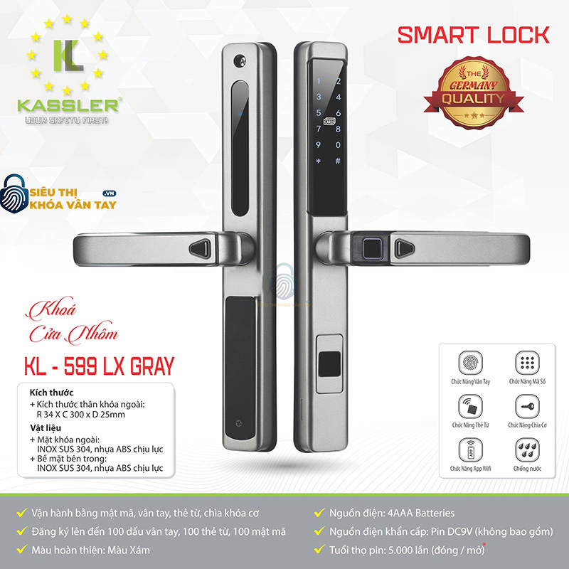 Khóa vân tay Kassler cửa nhôm KL-599 LX Gray