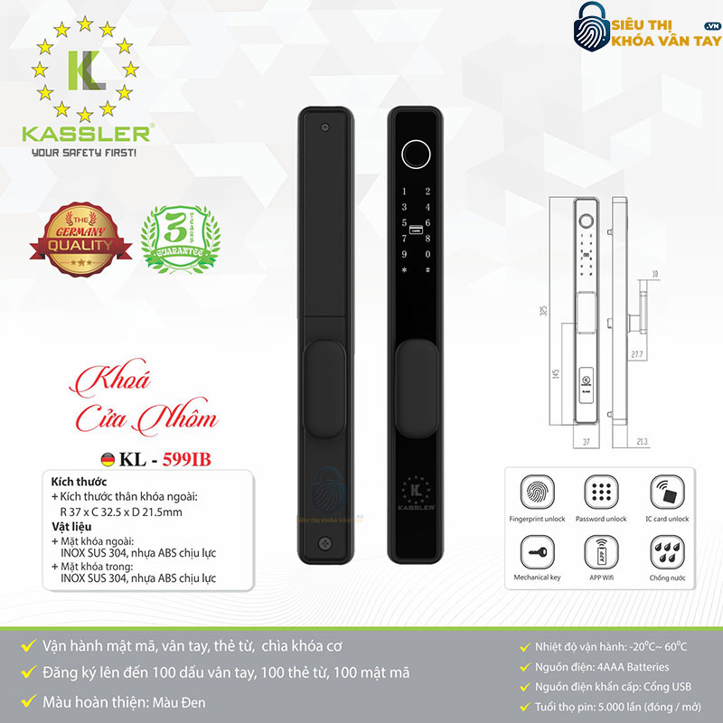 Kassler KL-599IB tích hợp mở khóa vân tay, mã số, thẻ từ, chìa cơ và điều khiển từ xa qua app