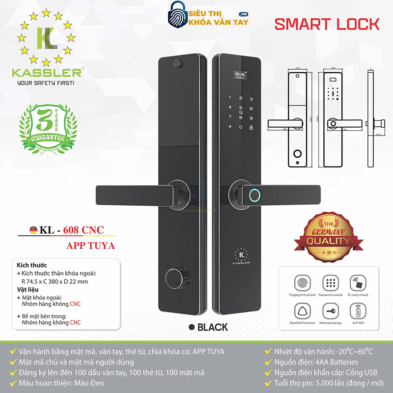 Khóa vân tay Kassler cửa gỗ KL-608 CNC sở hữu thiết kế hiện đại, sắc nét nhờ công nghệ cắt CNC cao cấp