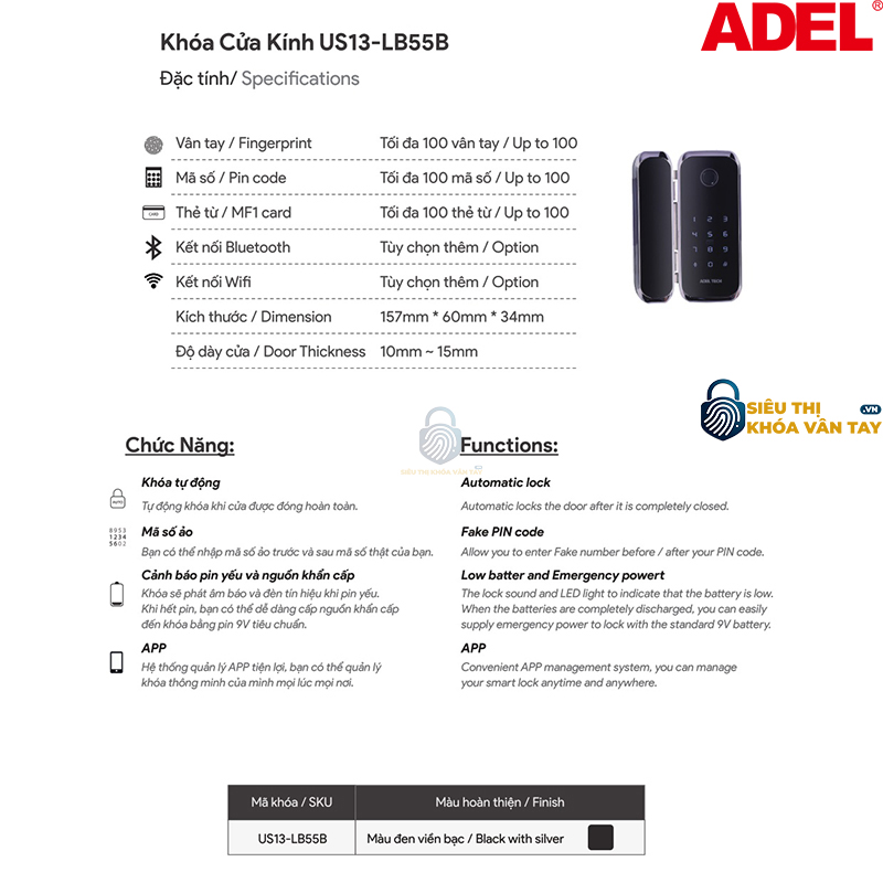 Khóa cửa kính Adel US13-LB55B là dòng khóa thông minh cao cấp được thiết kế chuyên dụng cho cửa kính văn phòng và cửa kính cường lực