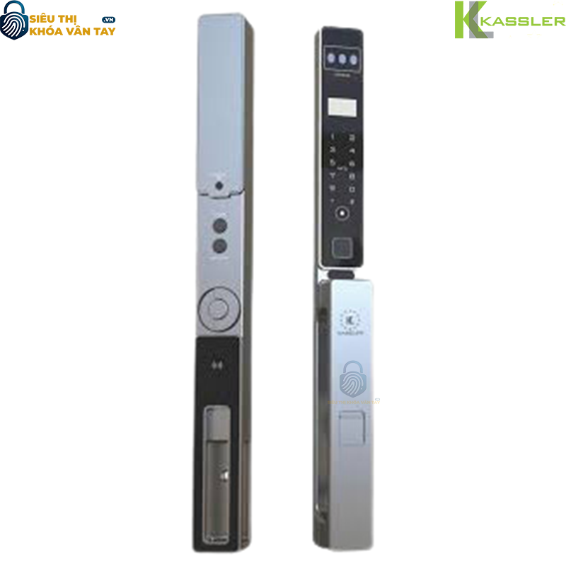 Khóa vân tay Kassler cửa nhôm KL‑599 CNC‑02 tích hợp mở khóa bằng Face ID 3D, nhận diện lòng bàn tay, vân tay, mật mã, thẻ từ và chìa cơ