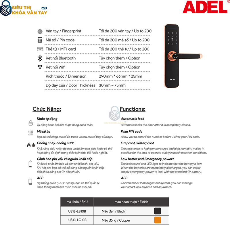 Khóa vân tay Adel cửa gỗ US13 - LB10B/LC10B mang đến giải pháp bảo mật thông minh cho ngôi nhà hiện đại.