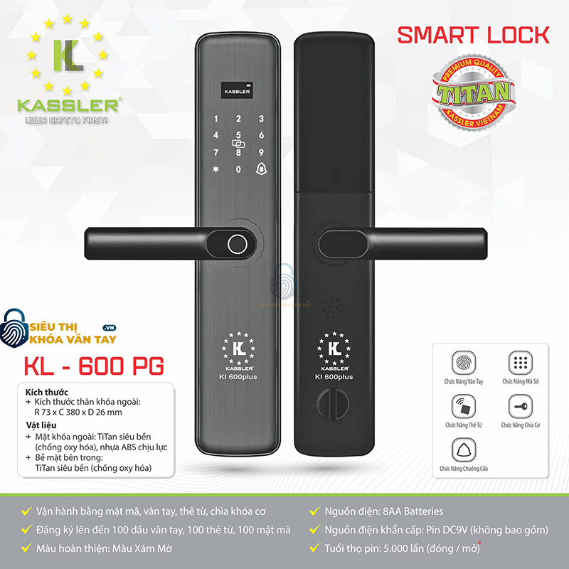 Khóa vân tay Kassler cửa gỗ KL - 600 PG là sản phẩm khóa điện tử cao cấp với công nghệ nhận diện vân tay siêu nhạy