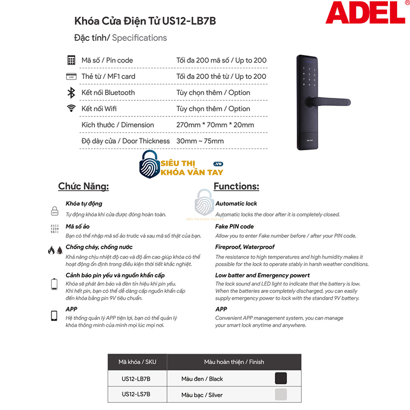 Khoá cửa điện tử Adel US12-LB7B
