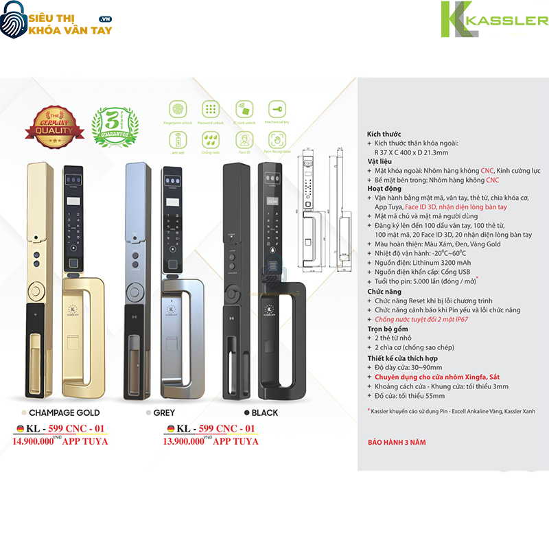 Thân khóa làm bằng nhôm hàng không CNC kết hợp kính cường lực, chống nước tuyệt đối hai mặt và chịu được nhiệt độ từ ‑20°C đến 60°C.