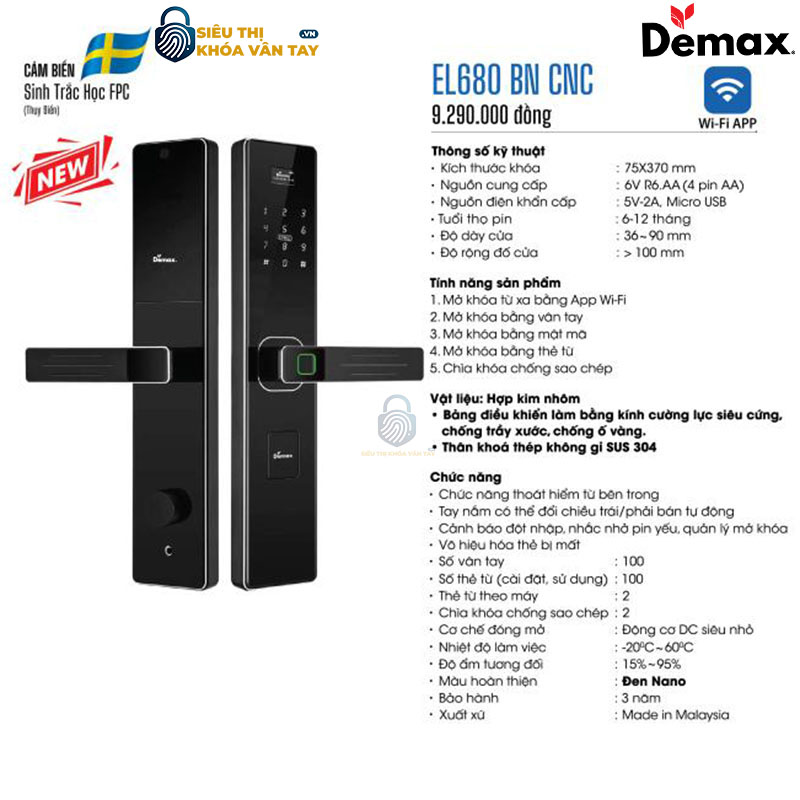Khoá vân tay cửa gỗ Demax EL680 là dòng khóa thông minh cao cấp, tích hợp công nghệ hiện đại