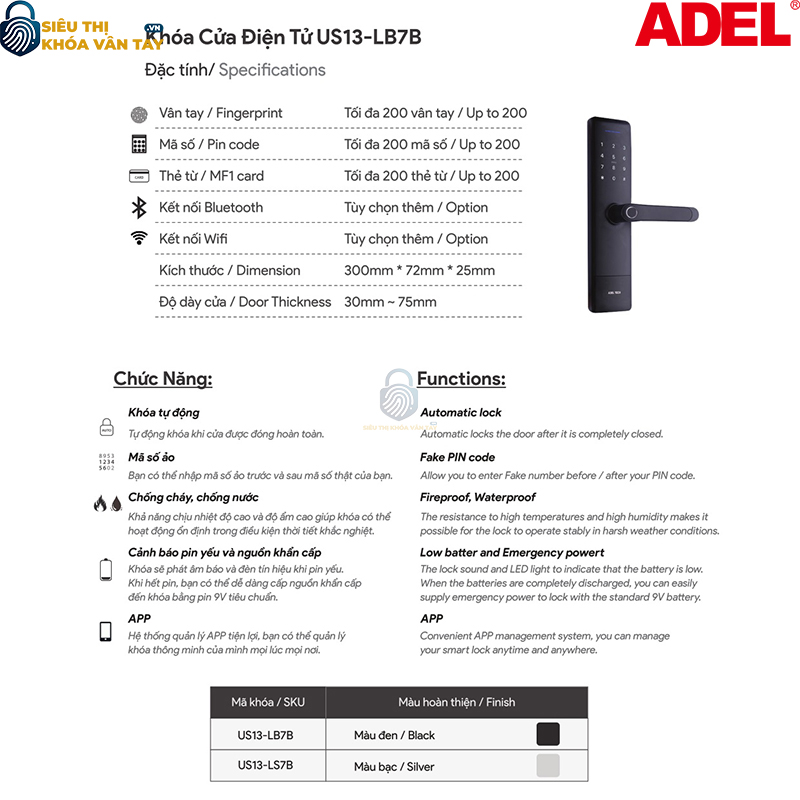 Khoá vân tay cửa gỗ Adel US13 - LB7B/LS7B