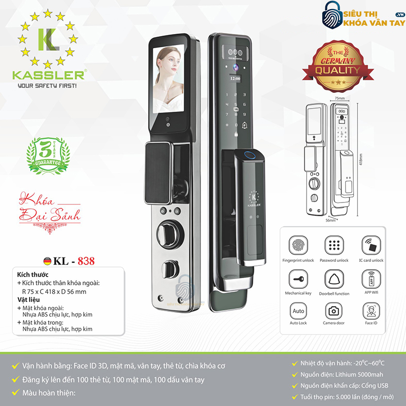 Khóa vân tay Kassler cửa gỗ KL-838 có thiết kế nhỏ gọn, tinh tế, phù hợp với nhiều không gian nội thất
