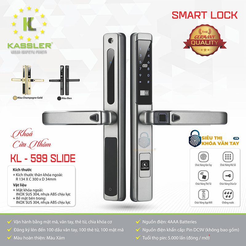 Khóa vân tay Kassler cửa nhôm KL-599 Slide là mẫu khóa chuyên dụng cho cửa lùa, cửa trượt nhôm kính