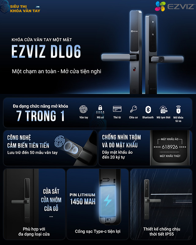 Khóa thông minh EZVIZ CS-DL06 sở hữu thiết kế hiện đại cùng khả năng bảo mật cao, phù hợp cho nhiều không gian sống