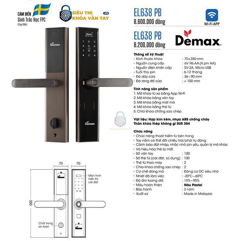 Khoá vân tay cửa gỗ Demax EL368 được thiết kế hiện đại, phù hợp với xu hướng nhà thông minh