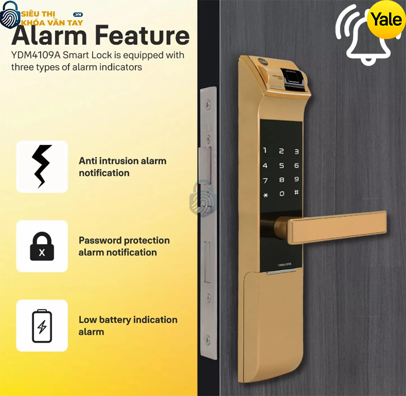 Khóa thông minh Yale YDM4109A GOLD sở hữu thiết kế sang trọng với màu vàng nổi bật, tạo điểm nhấn thẩm mỹ cho ngôi nhà
