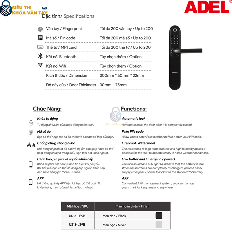 Khoá vân tay cửa gỗ  Adel US13 - LB9B/LS9B