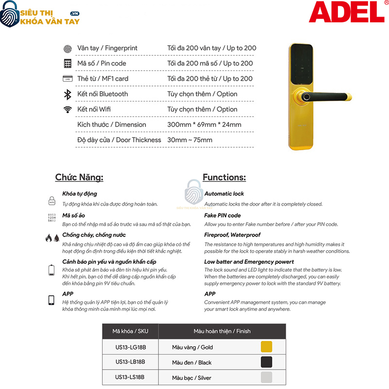Khóa vân tay Adel cửa gỗ US13 - LG18B/LB18B mang đến giải pháp bảo mật tiên tiến cho ngôi nhà hiện đại