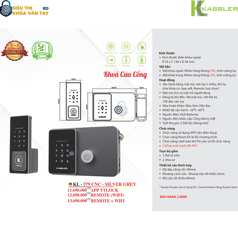 Khóa vân tay Kassler cửa cổng KL-579 CNC - SILVER GREY là dòng khóa chuyên dụng cho cổng ngoài trời