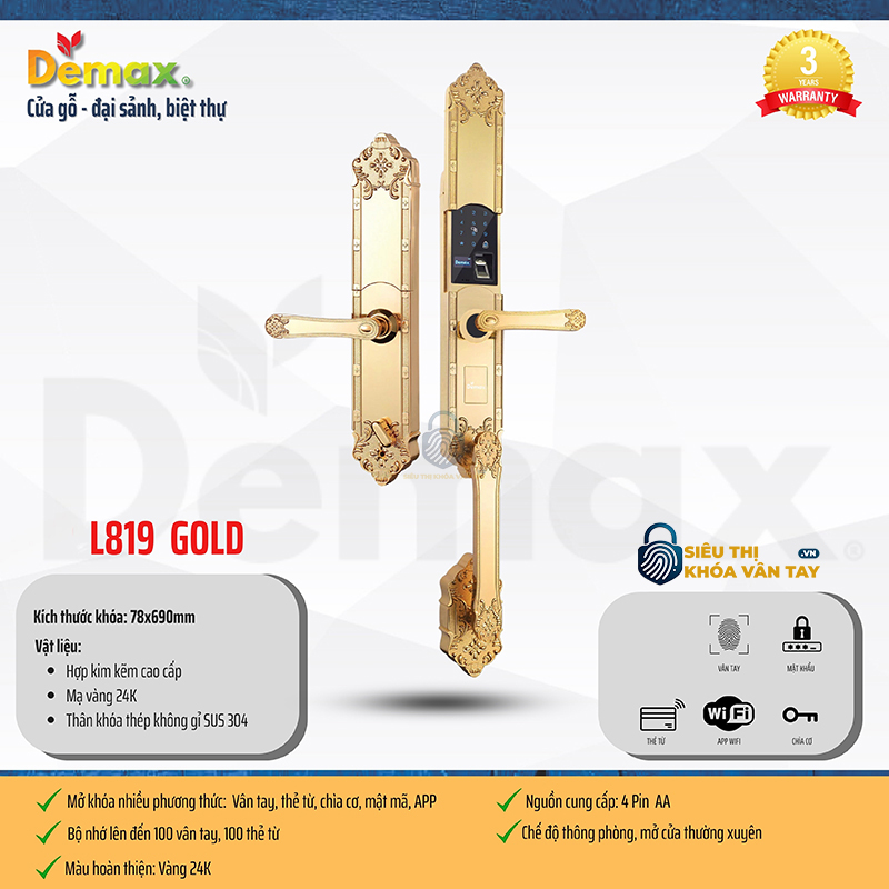 Khoá vân tay đại sảnh Demax EL819 sở hữu thiết kế sang trọng, phù hợp với biệt thự và nhà cao cấp