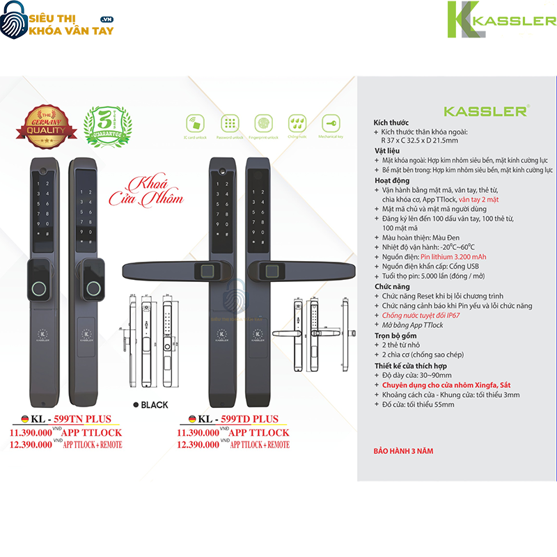 Khóa vân tay Kassler KL‑599TN Plus Black mở khóa đa dạng bằng vân tay 2 mặt, mật mã, thẻ từ, chìa cơ và App TTLock