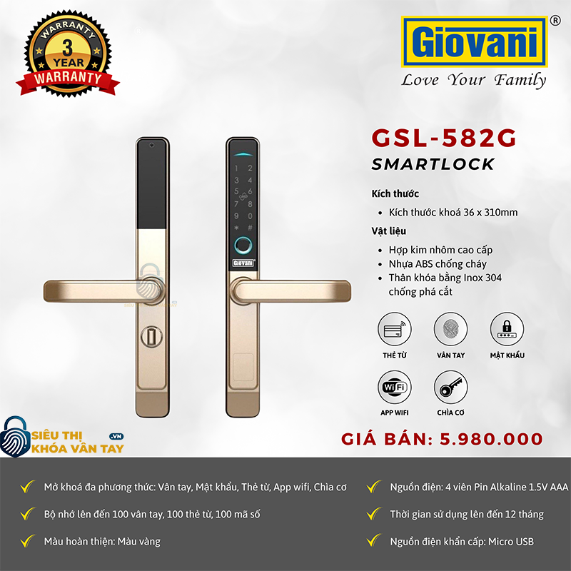 Khóa vân tay  Giovani cửa nhôm GSL-582G màu vàng
