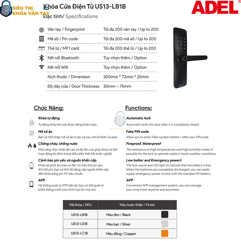 Khoá vân tay cửa gỗ Adel US13 - LB1B/LS1B/LC1B