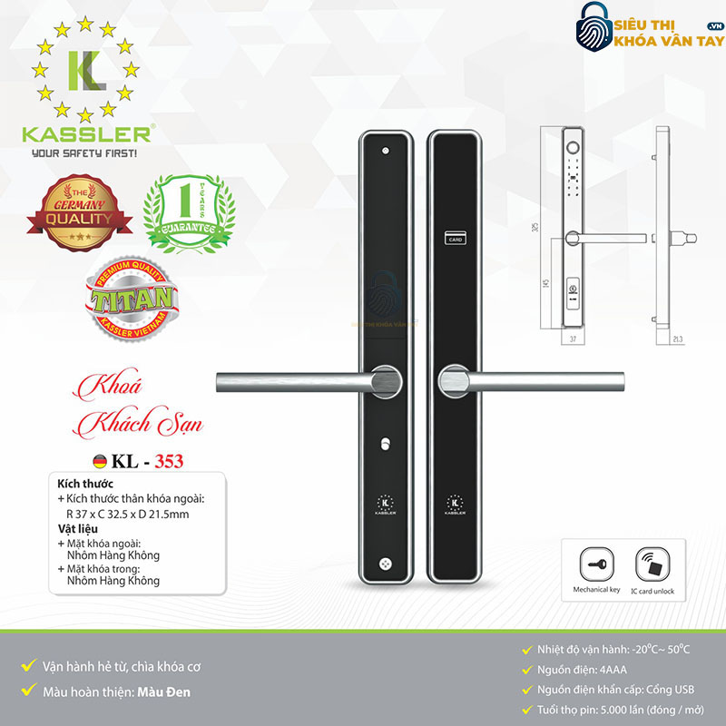 Khóa vân tay Kassler khách sạn KL-353 được thiết kế chuyên biệt cho hệ thống khách sạn, homestay và căn hộ dịch vụ