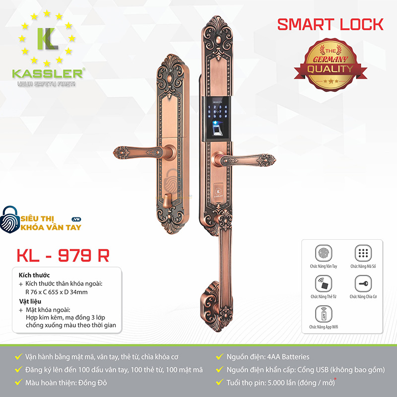 KL-979R tích hợp đầy đủ 5 phương thức mở khóa hiện đại: vân tay, mã số, thẻ từ, chìa cơ và điều khiển qua app Tuya/Smart Life