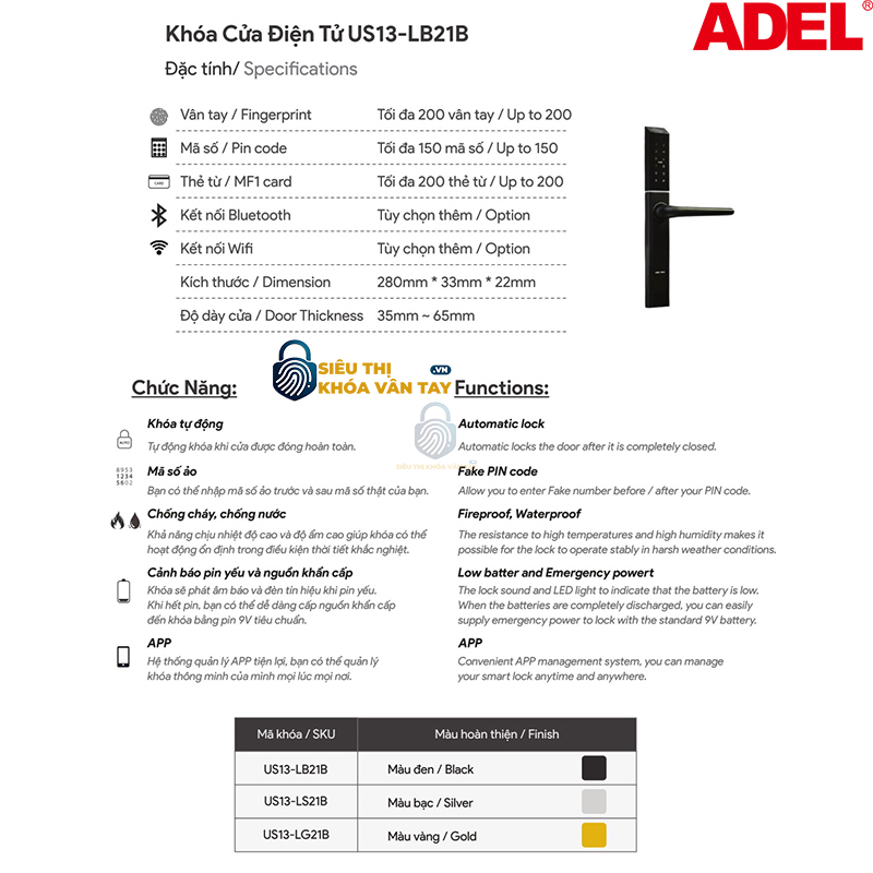 Khóa vân tay Adel cửa nhôm US13-LB21B là dòng khóa thông minh được nhiều gia đình tin dùng