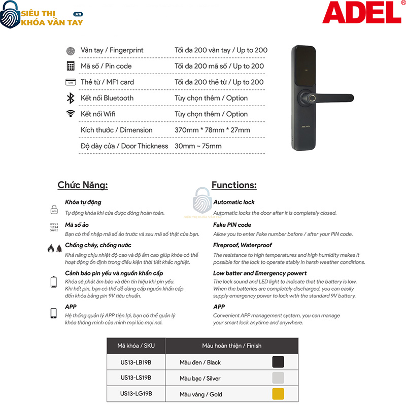 Khoá vân tay cửa gỗ Adel US13 - LB19B/LS19B
