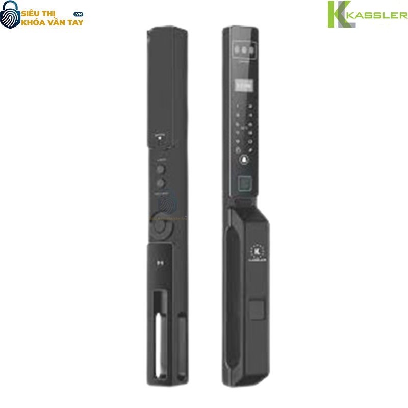 Khóa vân tay Kassler cửa nhôm KL‑599 CNC‑02 tích hợp mở khóa bằng Face ID 3D, nhận diện lòng bàn tay, vân tay, mật mã, thẻ từ và chìa cơ