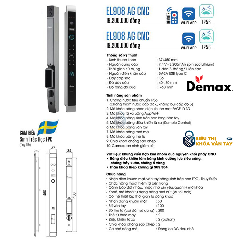 Khoá Vân Tay Cửa Nhôm Demax EL908