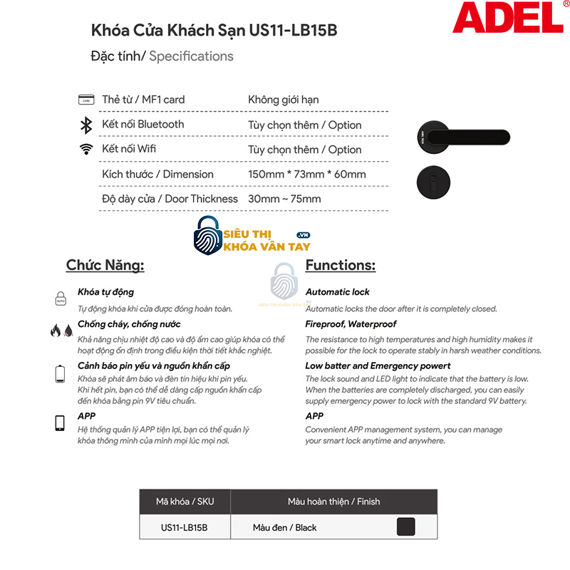 Khóa vân tay cửa Adel khách sạn US11-LB15B là giải pháp thông minh cho hệ thống quản lý ra vào phòng khách sạn hiện đại