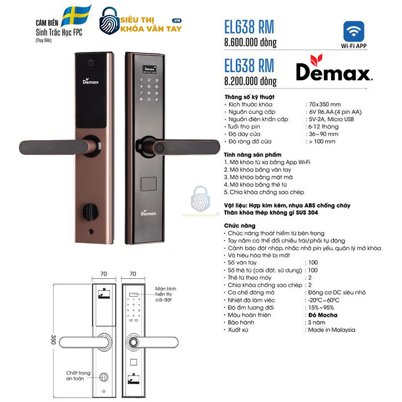 Khoá vân tay cửa gỗ Demax EL368 được thiết kế hiện đại, phù hợp với xu hướng nhà thông minh