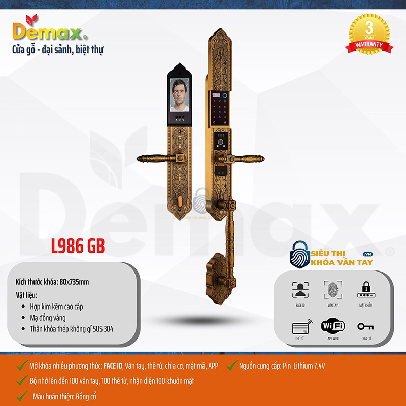 Khoá vân tay đại sảnh Demax EL986 là lựa chọn hàng đầu cho biệt thự cao cấp với thiết kế mạnh mẽ và sang trọng